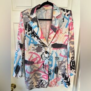 Graffiti Print Statement Blazer – Bold Abstract Street Art, Size M
